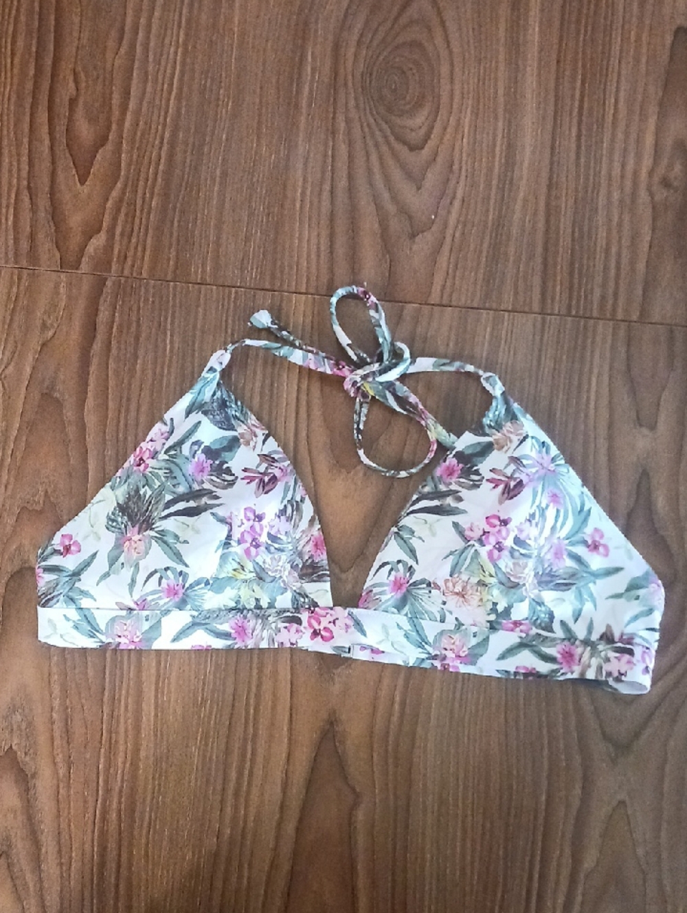 Victoria's Secret Floral Triangle Bikini Top in White with Pink & Green